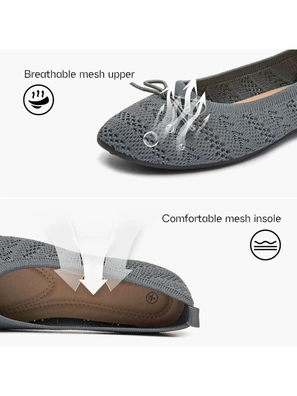 Women's Deep Grey Crochet Lace Round Toe Solid Comfortable Low Heel Ballet Flats